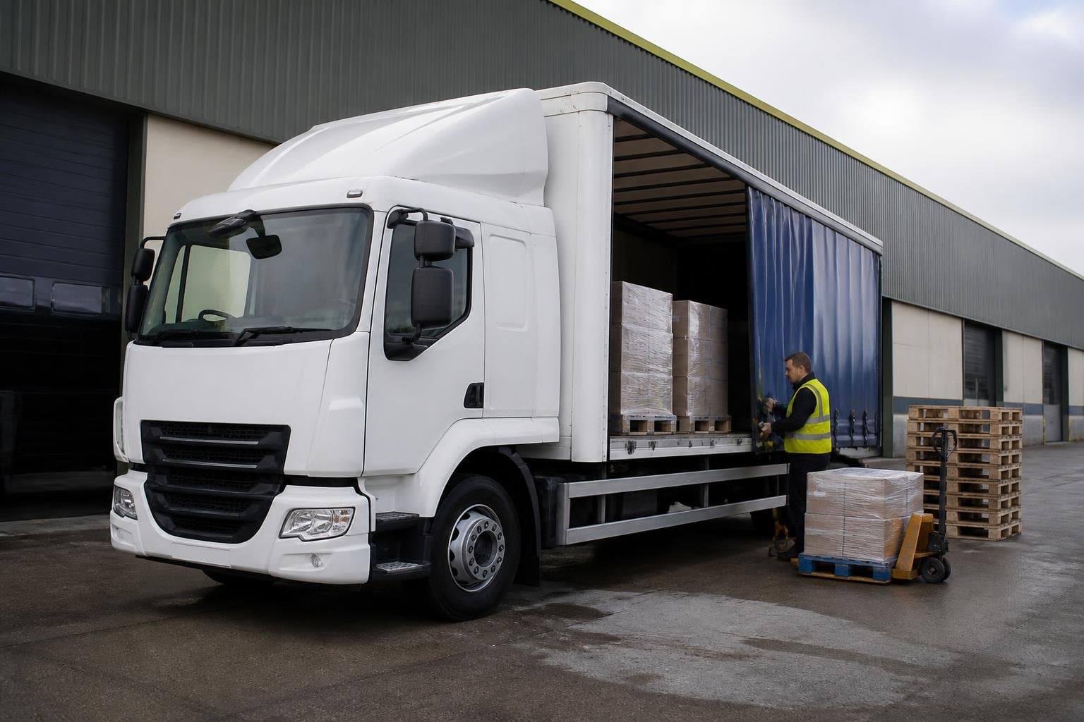 Box truck at an industrial estate loading area for commercial self-drive truck hire in Finchley