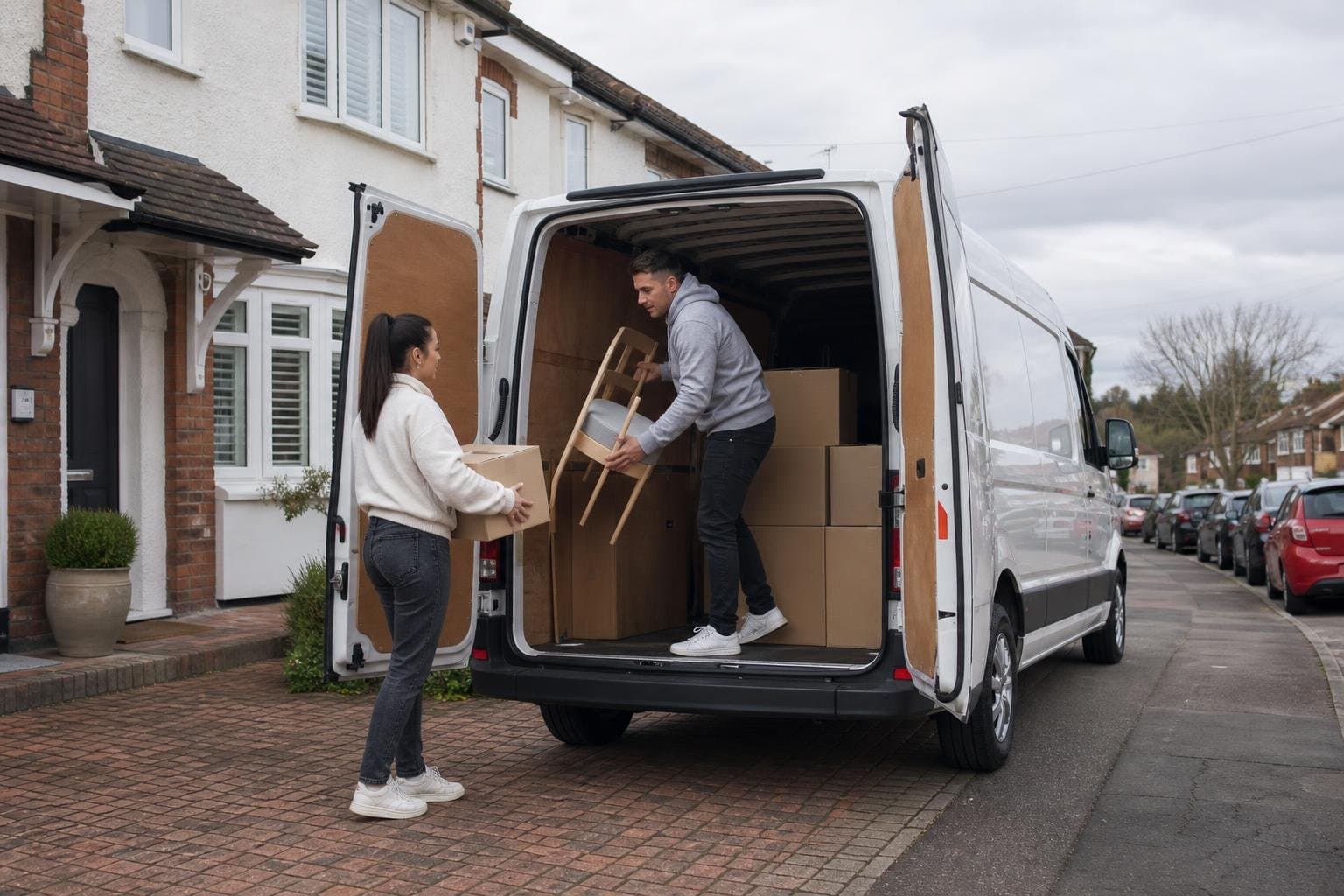Medium panel van being loaded on a suburban driveway for self-drive van hire in Finchley