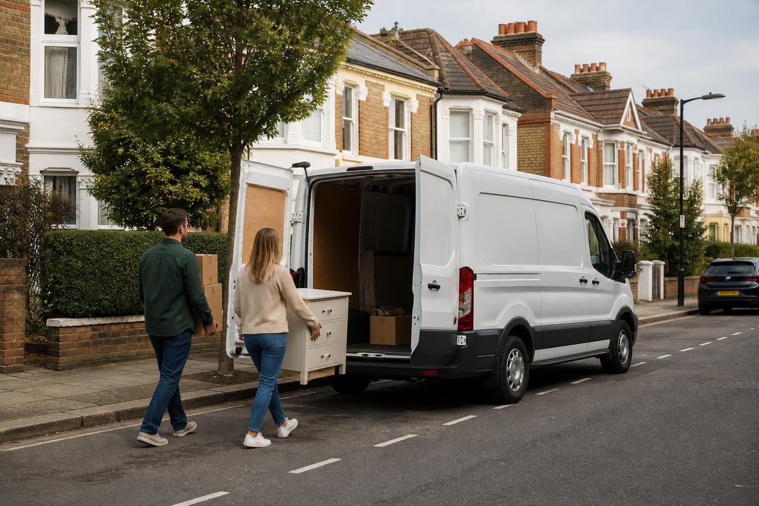 Panel van on a residential street during a house move for van hire in Edgware