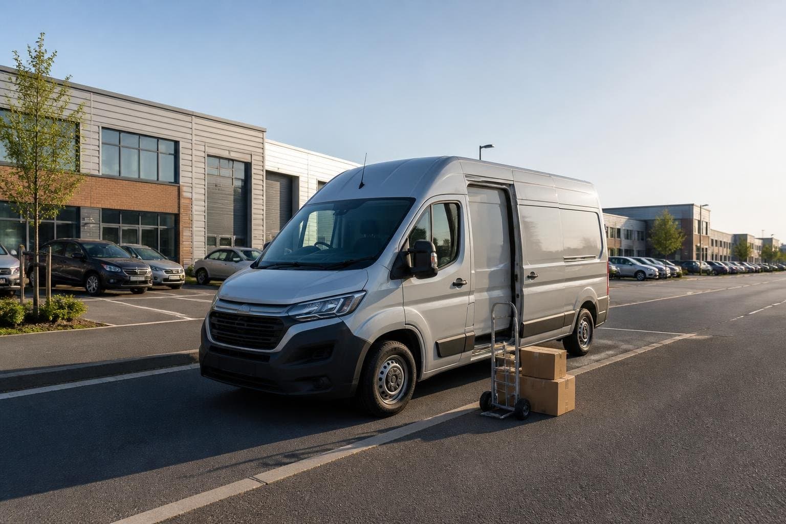 Long wheelbase panel van at a business park for van hire in Brent Cross